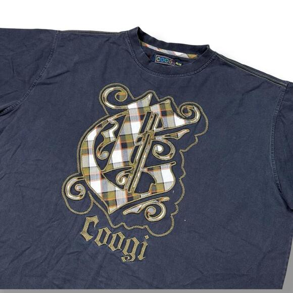 VTG Coogi Patch T-Shirt XXL Plaid Crest Logo Black Gold Stitching Hip Hop Y2K - Picture 3 of 8